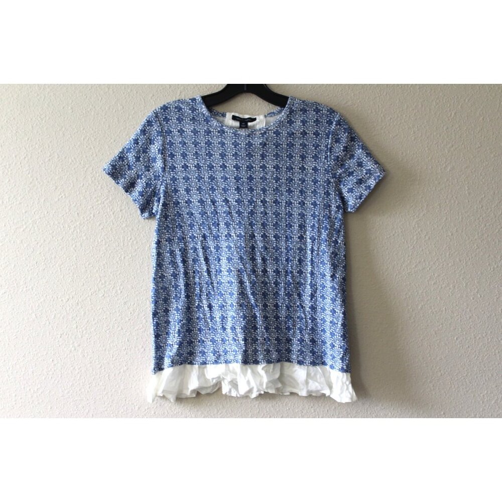 Tommy Hilfiger Blue White Floral Short Sleeve Ruffle Hem Top S NWT